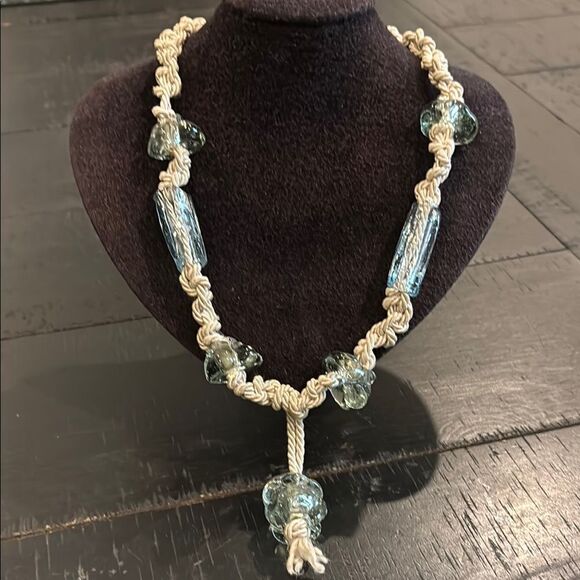 Macrame Knotted Glass Chunky Beads Necklace with Blue Accents Boho Beachy​